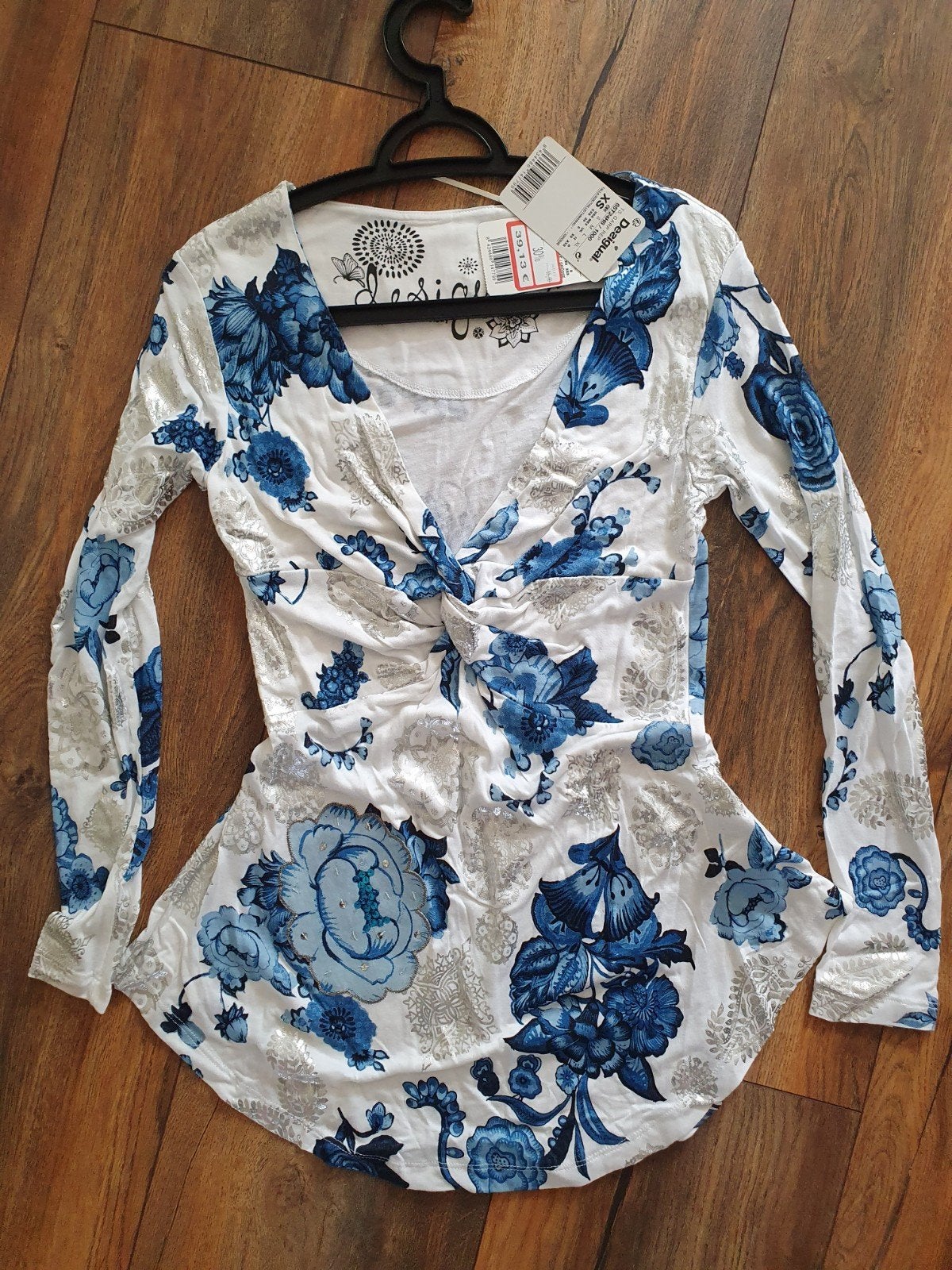 Desigual Blouse met Bloemenprint en Pailletten - XS, Wit, Nieuw, Ophalen of Verzenden, Lange mouw