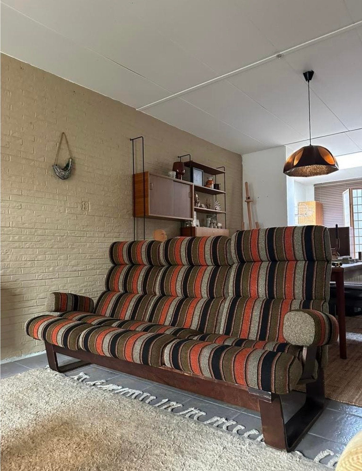 Vintage 3-persoons bankstel met gestreepte bekleding, Ophalen, Gebruikt, Driepersoons, 75 tot 100 cm