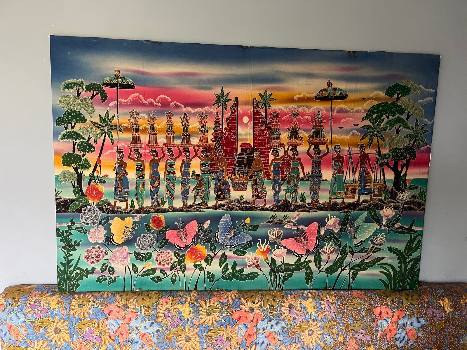 Uniek Indonesisch Batik Doek op Hardboard - Gesigneerd MS, Ophalen of Verzenden