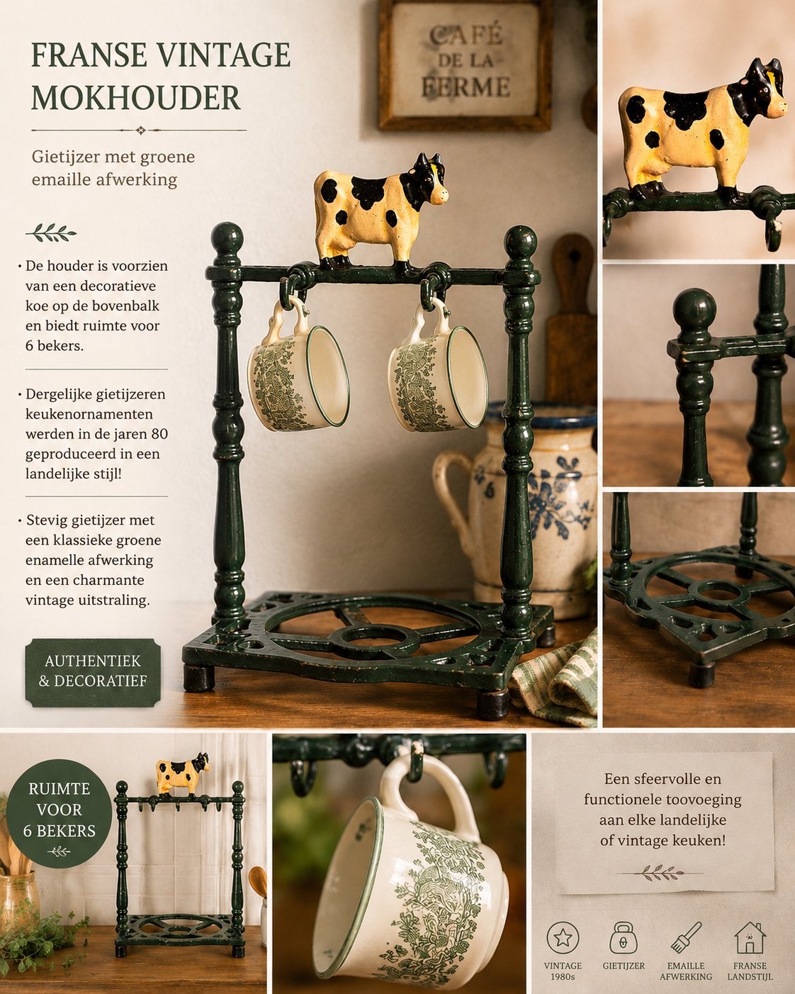 Vintage Franse mokhouder met koe, groen emaille gietijzer, Ophalen of Verzenden