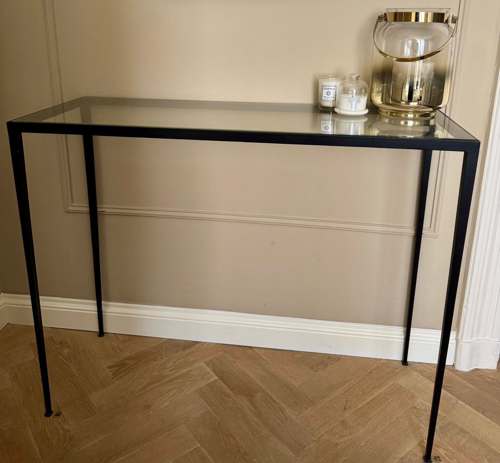 Solid Black Iron Frame Console Table. Glass Top. Amsterdam, Huis en Inrichting, Tafels | Sidetables, Gebruikt, 25 tot 50 cm, 100 tot 150 cm