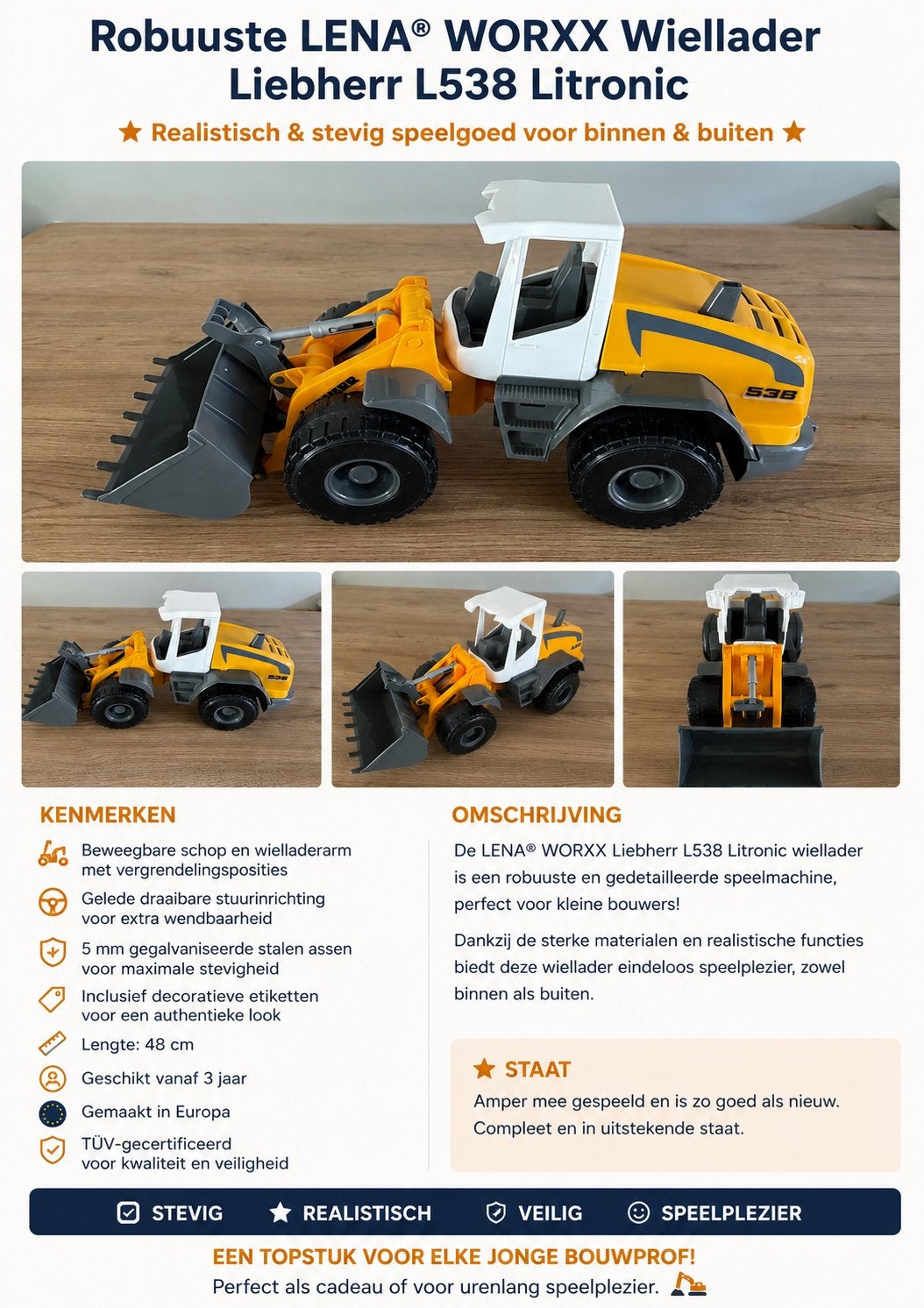 LENA WORXX Liebherr L538 Wiellader 48 cm als nieuw, Kinderen en Baby's, Speelgoed | Speelgoedvoertuigen, Ophalen of Verzenden
