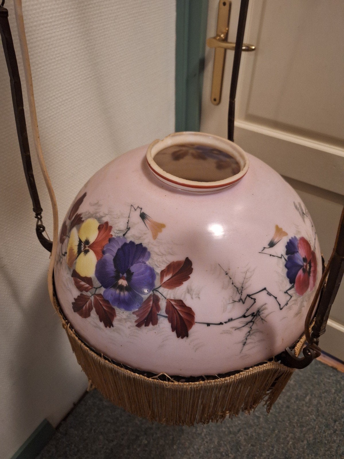 Antieke Petroleumlamp, hanglamp met Bloemmotief en Kwastjes, Ophalen