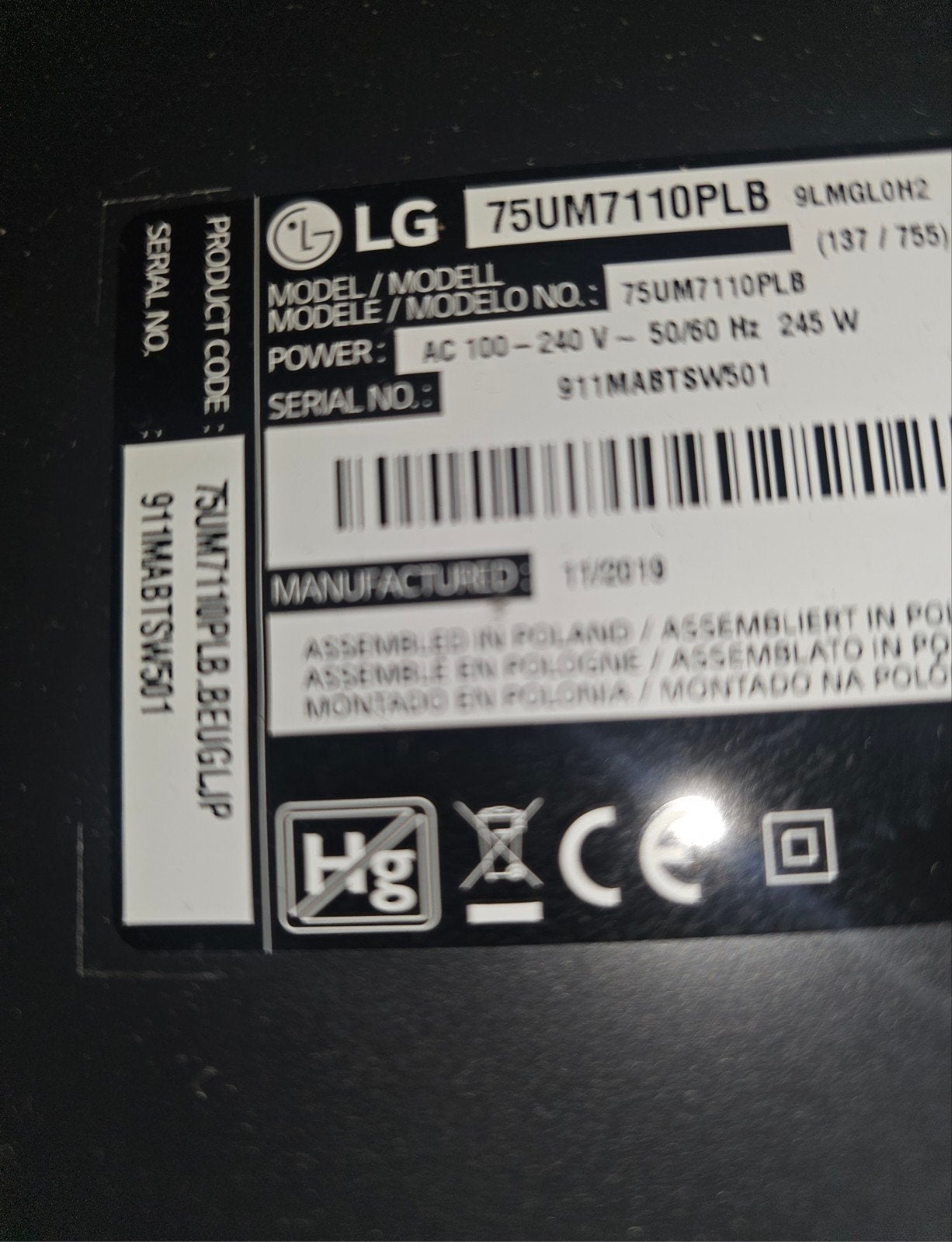 LG tv  75UM7110PLB defect, Ophalen, 100 cm of meer, 50 Hz, LG