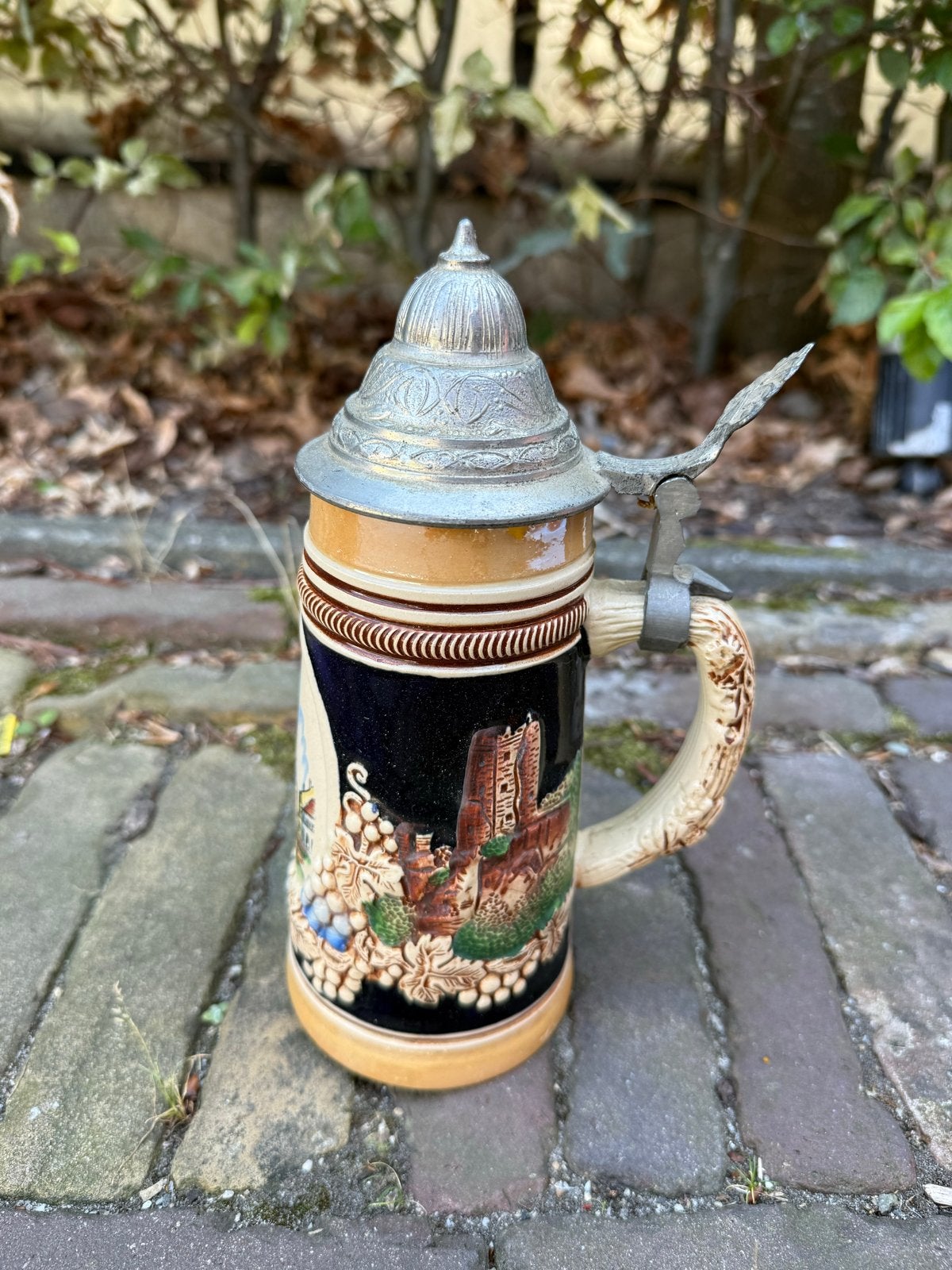 Vintage Duitse Bierpul met Tinnen Deksel - Origineel KING, Antiek en Kunst, Antiek | Keramiek en Aardewerk, Ophalen of Verzenden