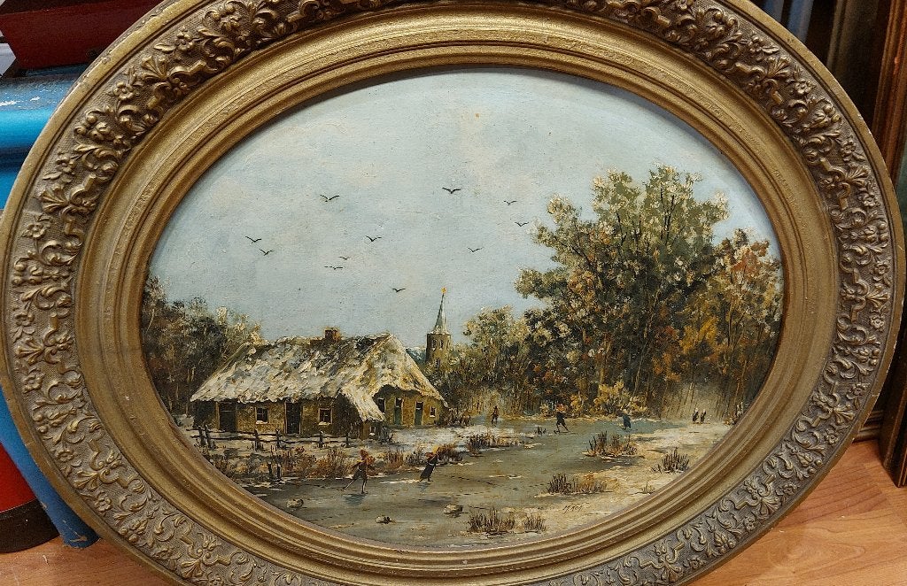 Ovaal Winterlandschap door J.Kok, Ophalen, Paneel, Impressionistisch, Olieverf