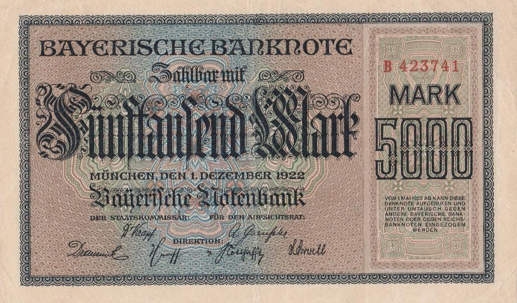 Bayerische banknote 5000 Mark 1.12.1922, Ophalen of Verzenden, Duitsland, Los biljet