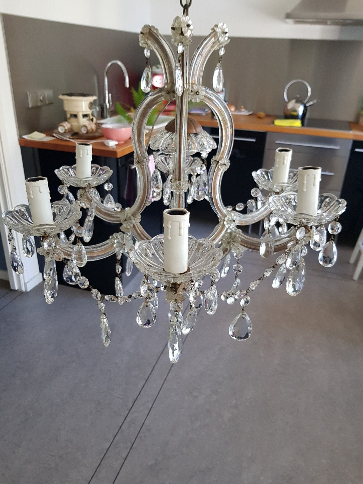 Vintage Maria Theresia kroonluchter 6 lichts 45x45cm, Ophalen, Gebruikt, Glas, Maria Theresia, Klassiek, Vintage
