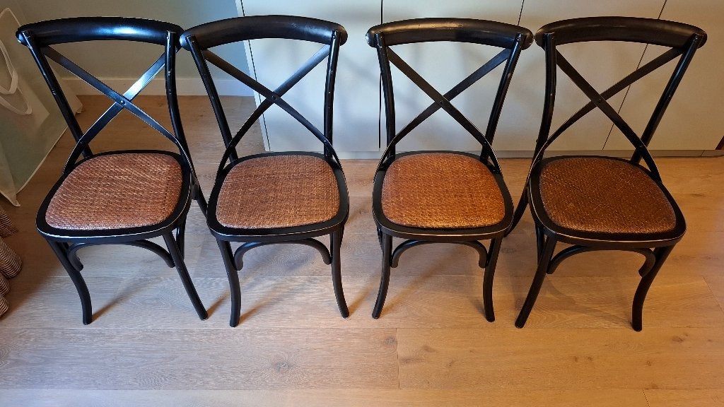 4 eettafel stoelen crossback zwart met rieten zitting, Huis en Inrichting, Stoelen, Ophalen, Gebruikt, Zwart, Hout
