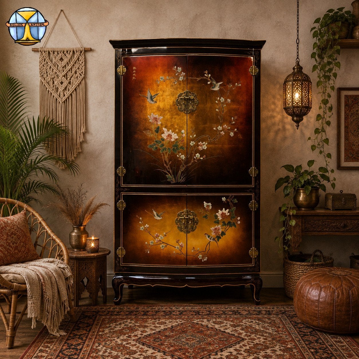 Vintage Chinese kast bladgoud bloemen en vogels / bohemian, Antiek en Kunst, Ophalen of Verzenden