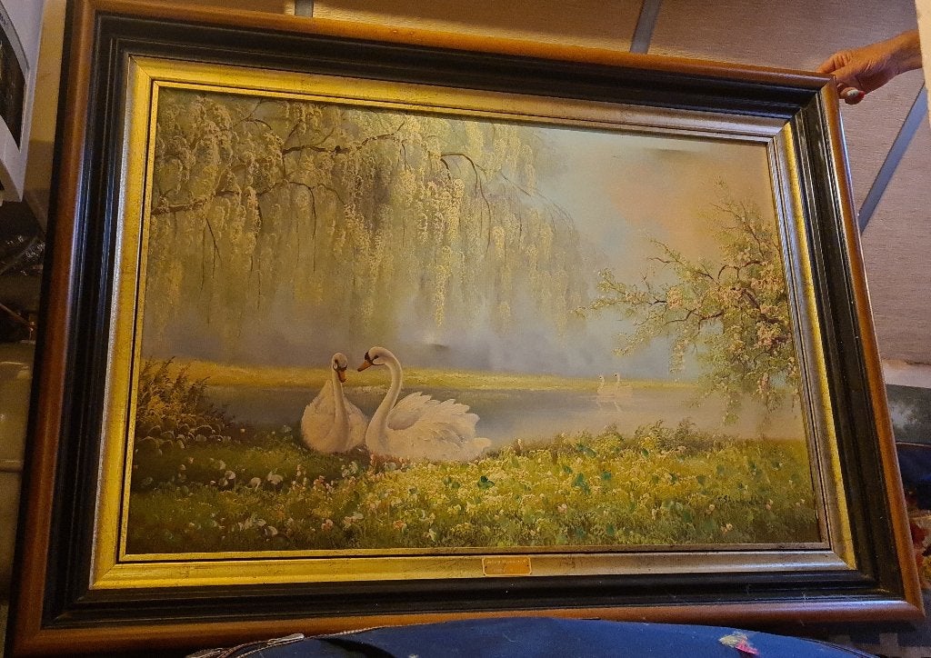 Schilderij zwanen in landschap, gesigneerd Quidousse, Ophalen, Doek, Realistisch, Landschap