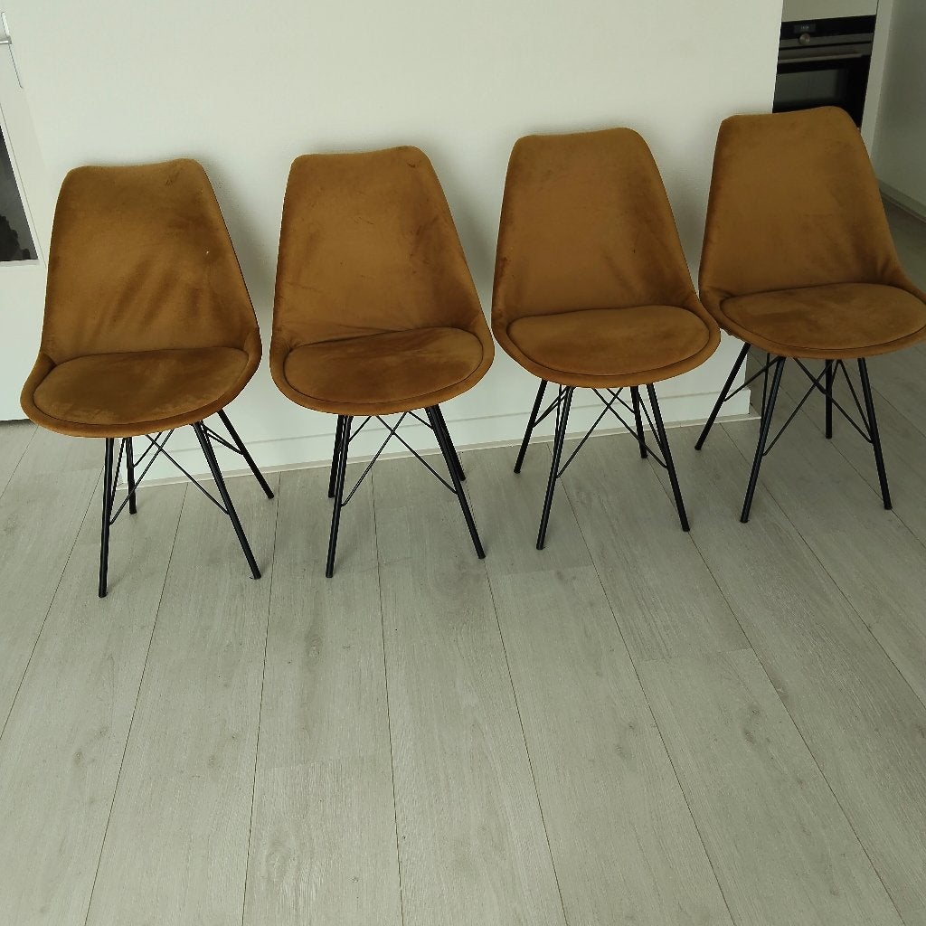 Eetkamerstoelen : 4x cognac - taupe |Japandi stijl, Ophalen, Bruin, Zo goed als nieuw, Vier