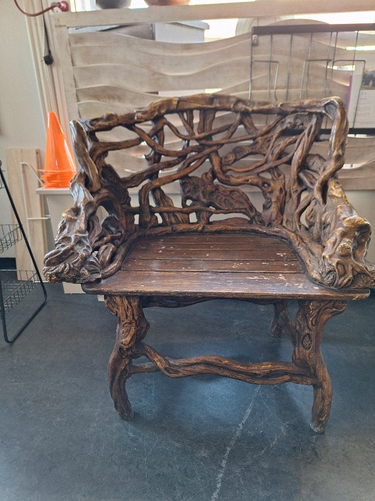 Unieke wortelstoel in goede staat voor binnen of buiten, Huis en Inrichting, Stoelen, Ophalen, Kunststof, Gebruikt, Bruin
