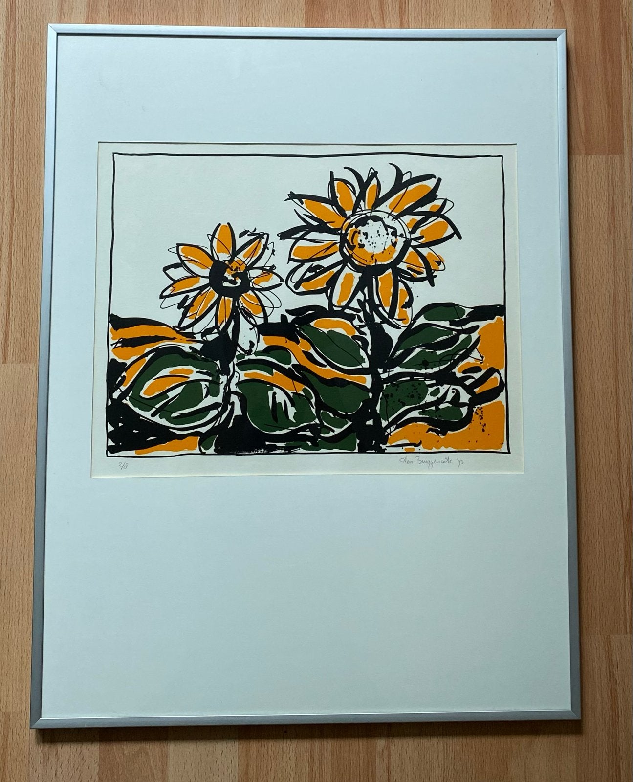 Zeefdruk 'Zonnebloemen' van Hen Bruggencate (1993), Ophalen, Flora en Fauna, Zeefdruk, 1950 - 1999