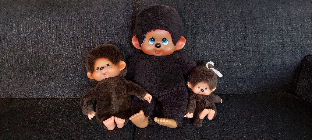 3 originele Monchichi aapjes jaren 80, Ophalen, Gebruikt