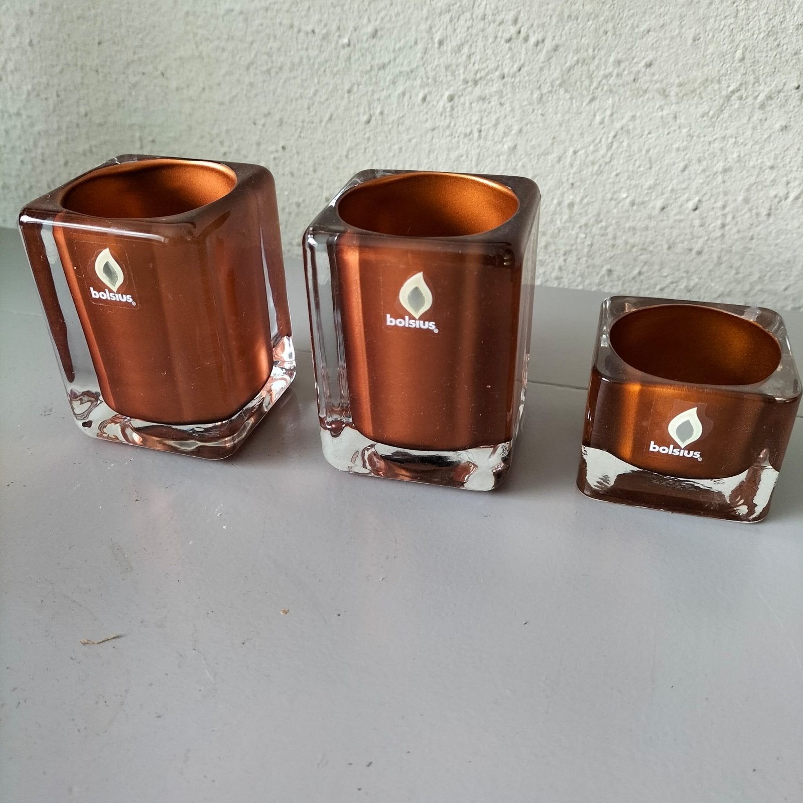 Bolsius waxinelichthouders - Set van 3, Overige materialen, Gebruikt, Bruin, Ophalen of Verzenden