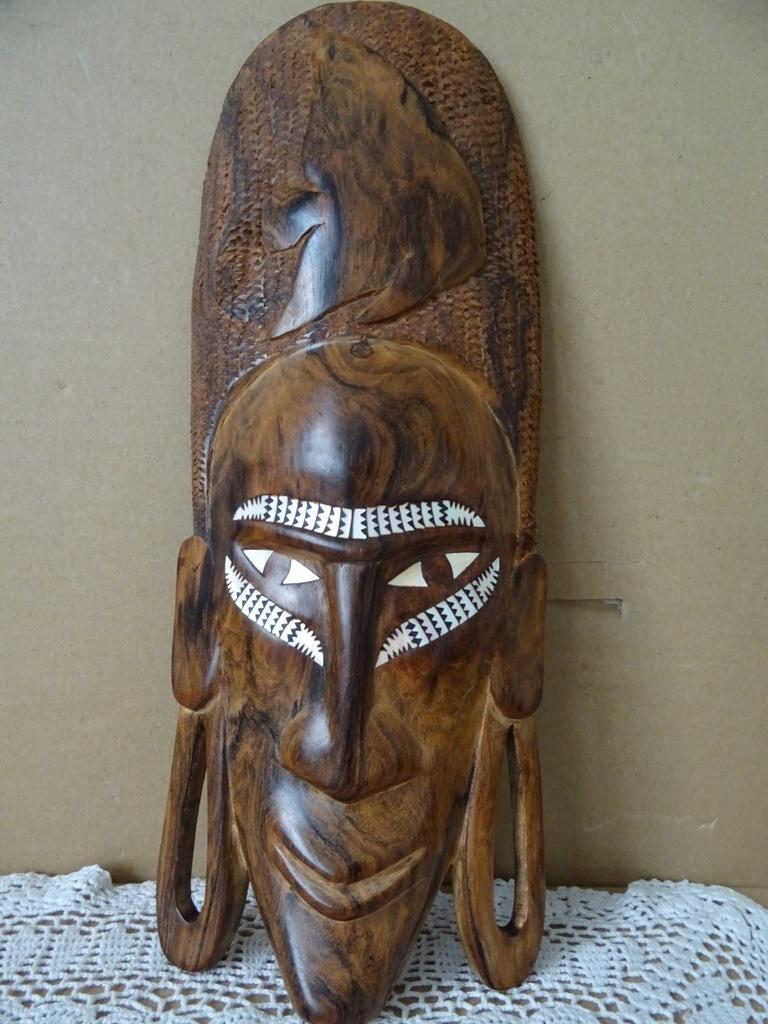 Afrikaans houten masker Kenia belegd met parelmoer 32cm 1980, Ophalen of Verzenden