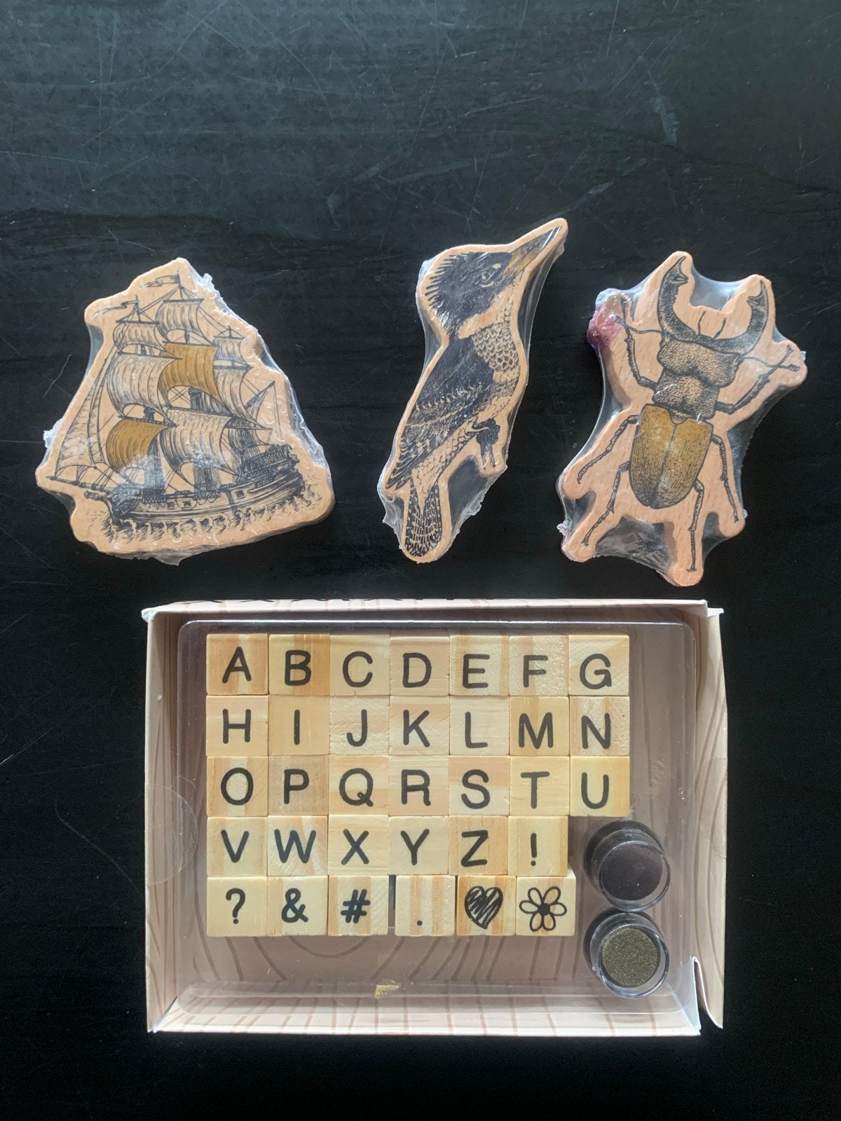 Stempelset: Schepen, Dieren en Alfabet (Hout & Rubber), Ophalen of Verzenden, Gebruikt, Houten stempel