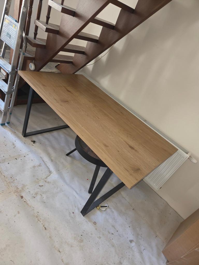 Eettafel HPL naturel eiken blad met U-poot (z.g.a.n.), Overige houtsoorten, Zo goed als nieuw, 150 tot 200 cm, Rechthoekig