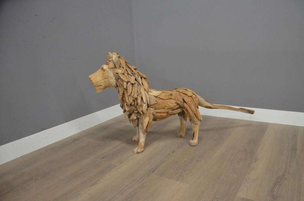 Handgemaakte Leeuw van Teakhout, Houtsnijwerk, Verzenden, 50 - 100 cm, Hout