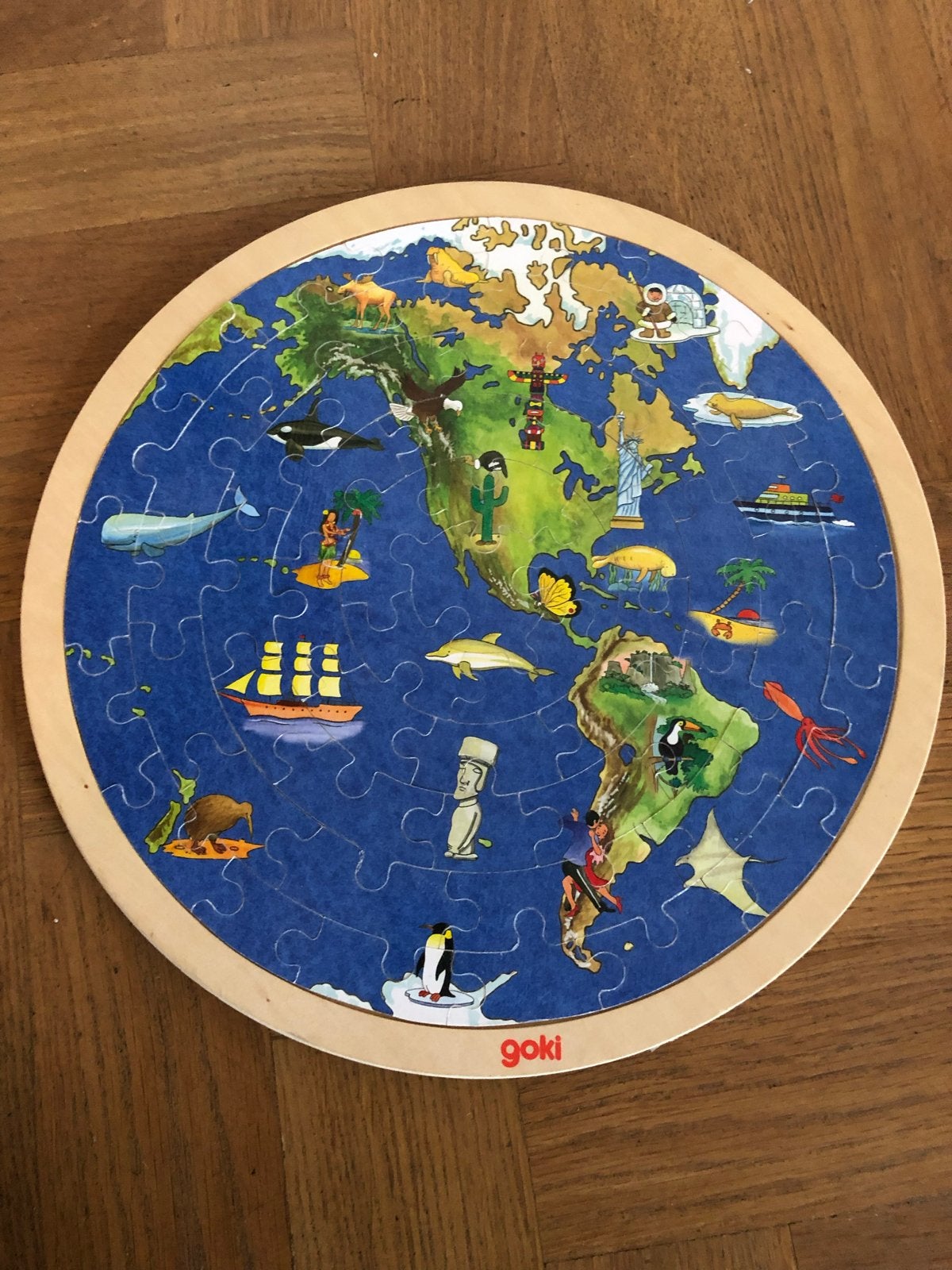 Goki Puzzel: Wereldbol 57-delig, Zo goed als nieuw, Van hout, 4 tot 6 jaar, Meer dan 50 stukjes
