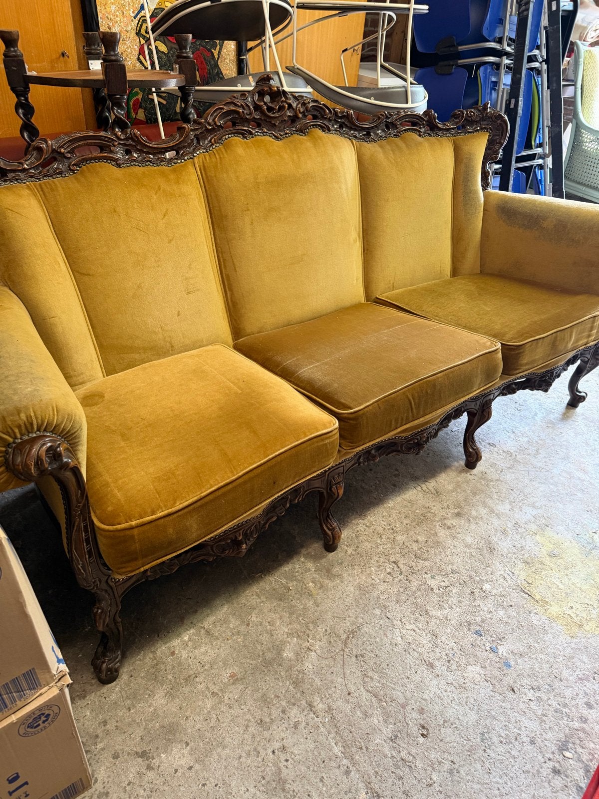 Antiek Barok Bankje met 2 Stoelen - Okergeel, Ophalen
