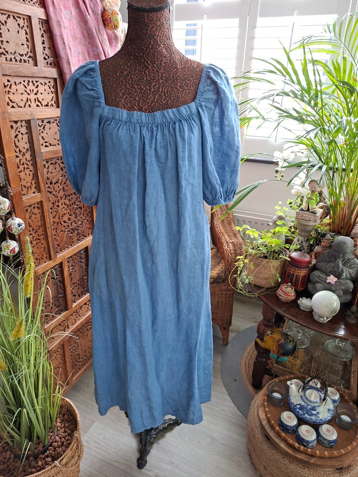 Nieuw+kaartje!Superleuke jeansblauwe linnen jurk past L/XL, Blauw, 100% Lino, Nieuw, Ophalen of Verzenden