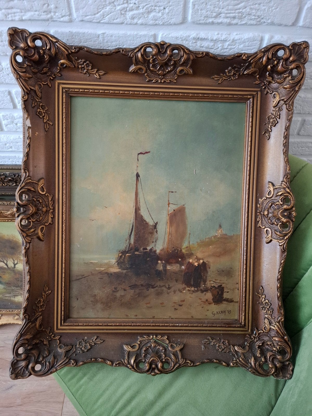 Olieverfschilderij: Maritiem tafereel met boten en figuren, Ophalen of Verzenden