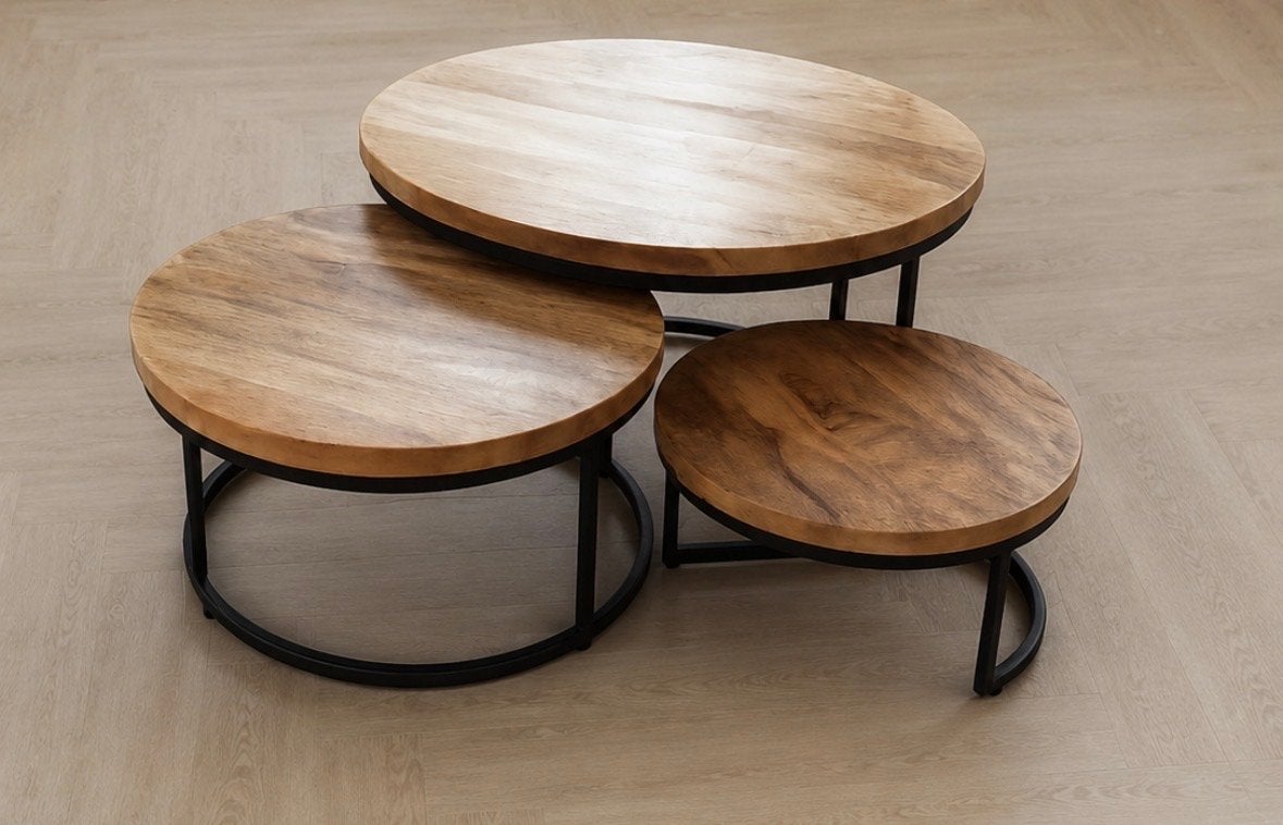 Set van 3 ronde salontafels van mangohout en metaal, Ophalen, Rond, 50 tot 100 cm, Zo goed als nieuw