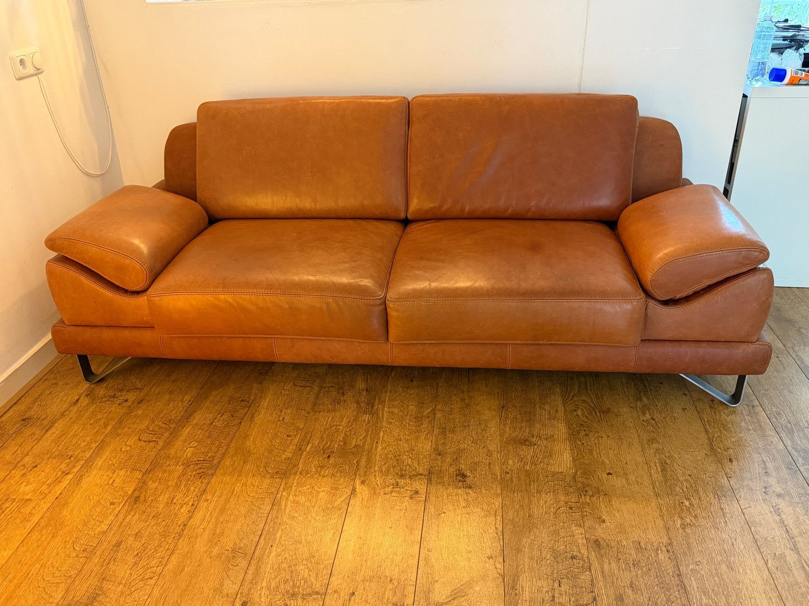Leren 2-zitsbank cognac - De Ruijtermeubel - 220x85cm, Huis en Inrichting, Banken | Sofa's en Chaises Longues, Ophalen, Gebruikt