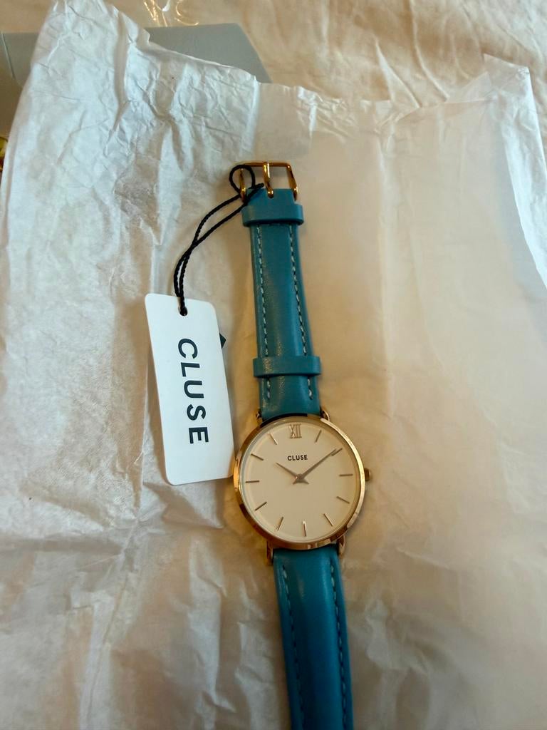 Cluse horloge met blauw leren bandje - Nieuw, Overige merken, Overige materialen, Leer, Polshorloge