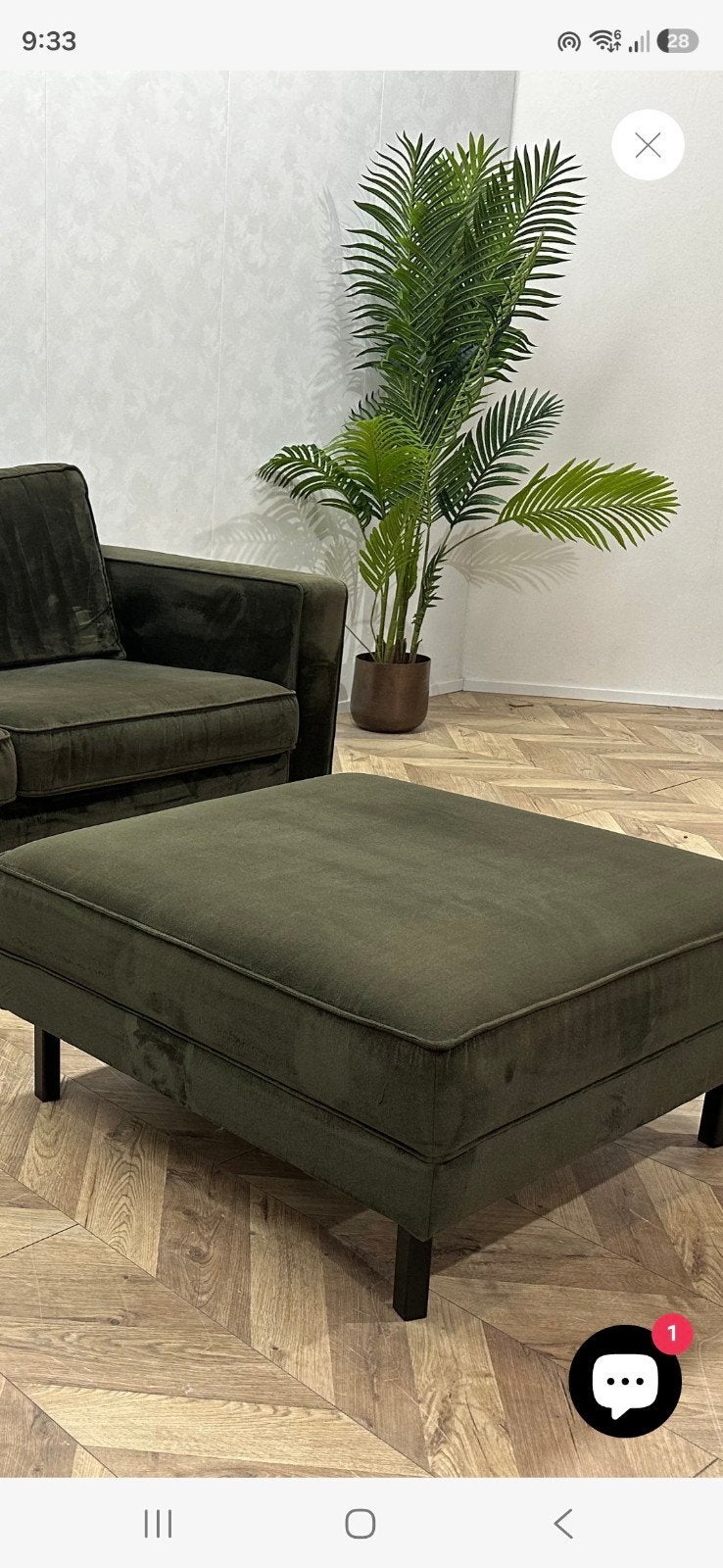WOOOD Robin velvet fauteuil en hocker - olijfgroen, Huis en Inrichting, Ophalen, Zo goed als nieuw, Stof