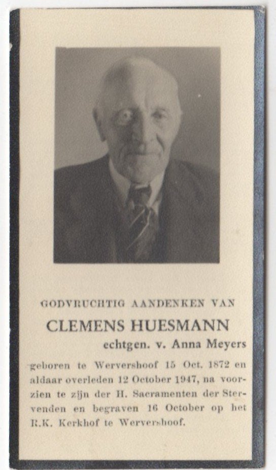 Clemens Huesmann 1872 Wervershoof + 1947 Wervershoof, 74 jr, Verzamelen, Ophalen of Verzenden