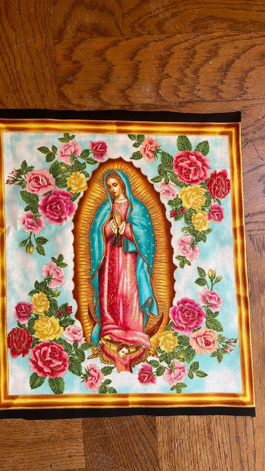 Heilige Maagd Maria Stof Guadalupe blauw met goudaccenten, Overige kleuren, Nieuw, Ophalen of Verzenden, Katoen
