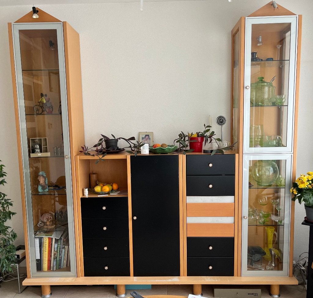 Hülsta Now! 1 wandmeubel – Beuken & Zwart (Modulair), Ophalen, Gebruikt, 200 cm of meer, Met lade(s)