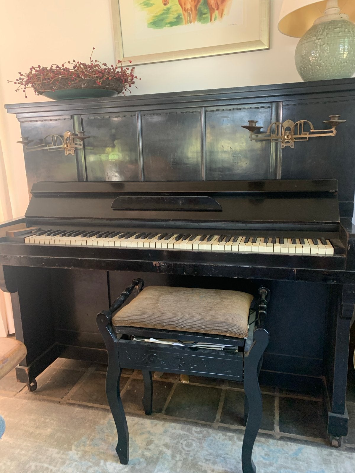 Antieke Zwarte Piano met Kruk - Klassiek Muziekinstrument, Ophalen, Gebruikt, Zwart, Piano
