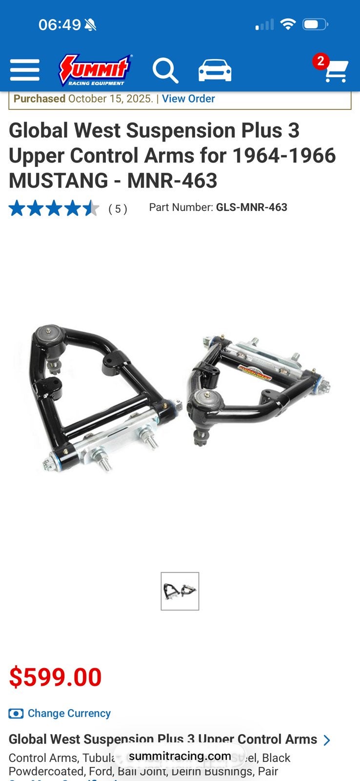 Tubular control arms mustang 65-66, Ophalen, Global west, Nieuw, Ford