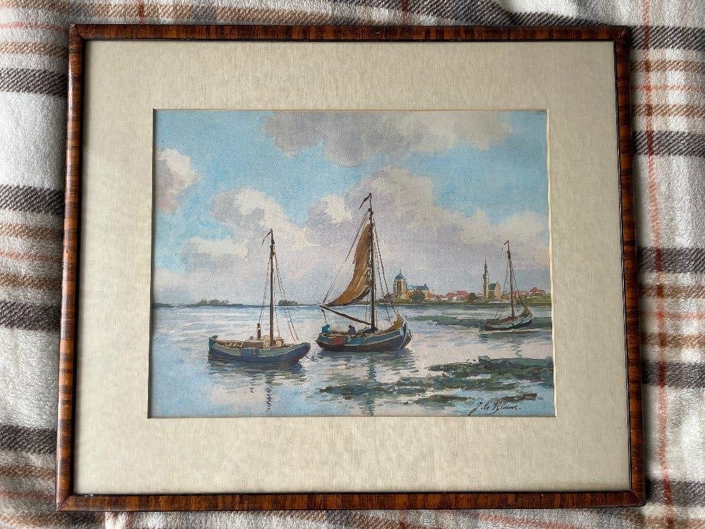 Adriaan Terhell oud schilderij aquarel, Antiek en Kunst, Ophalen of Verzenden, Aquarel, Maritiem / water