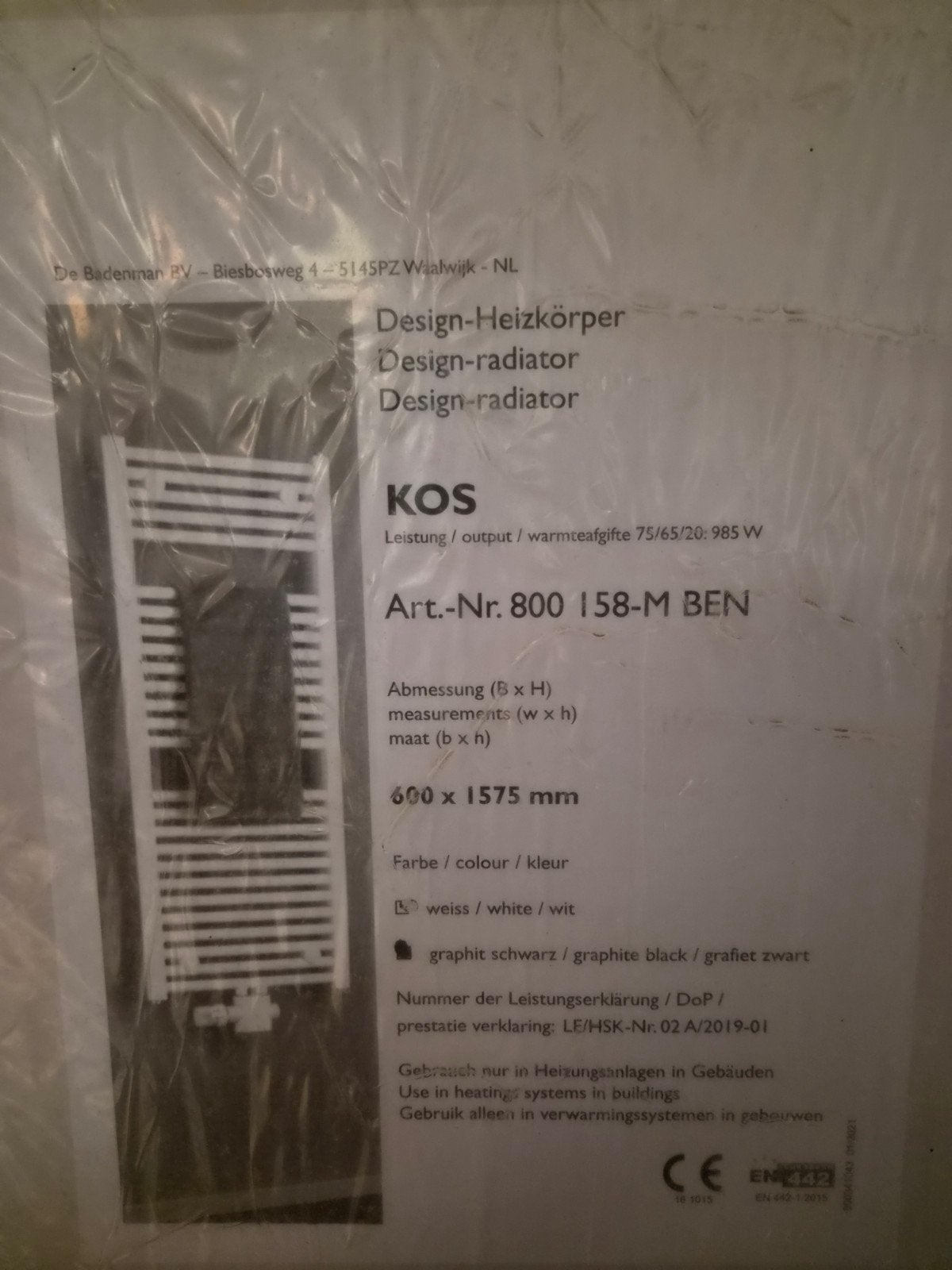 Design radiator KOS 600x1575mm zwart incl. onderblok, Doe-het-zelf en Verbouw, Ophalen, Radiator, Nieuw, 60 tot 150 cm