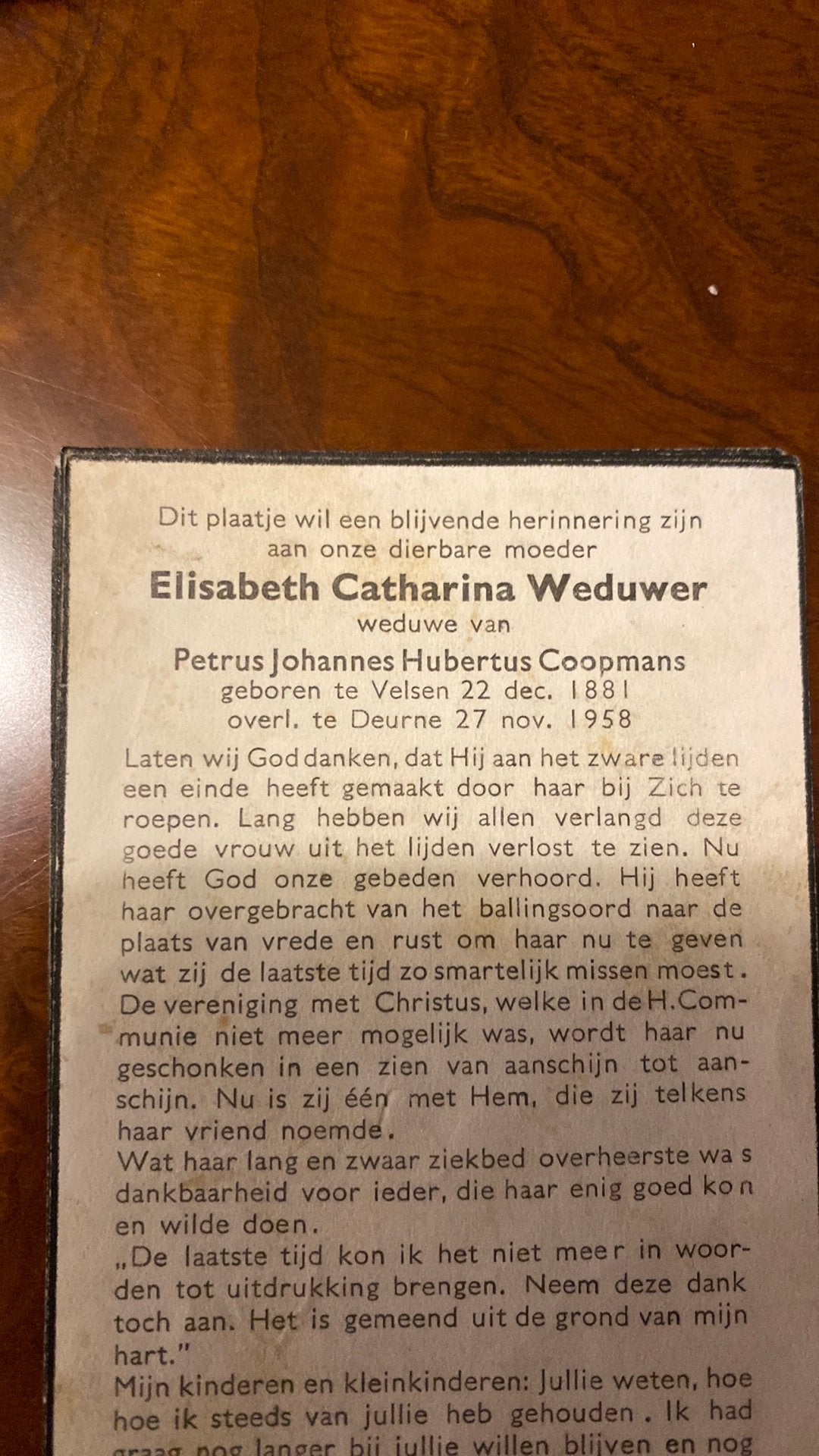 EC Coopmans - Weduwer 1881 Velsen 1958 Deurne, Verzamelen, Bidprentjes en Rouwkaarten, Ophalen of Verzenden