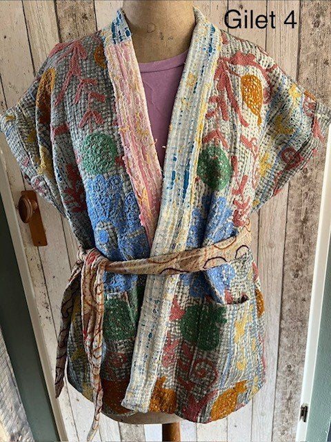 Gilet, bodywarmer van vintage kantha stof, ceintuur, Maat 38/40 (M), Meerkleurig, Nieuw, Ophalen of Verzenden