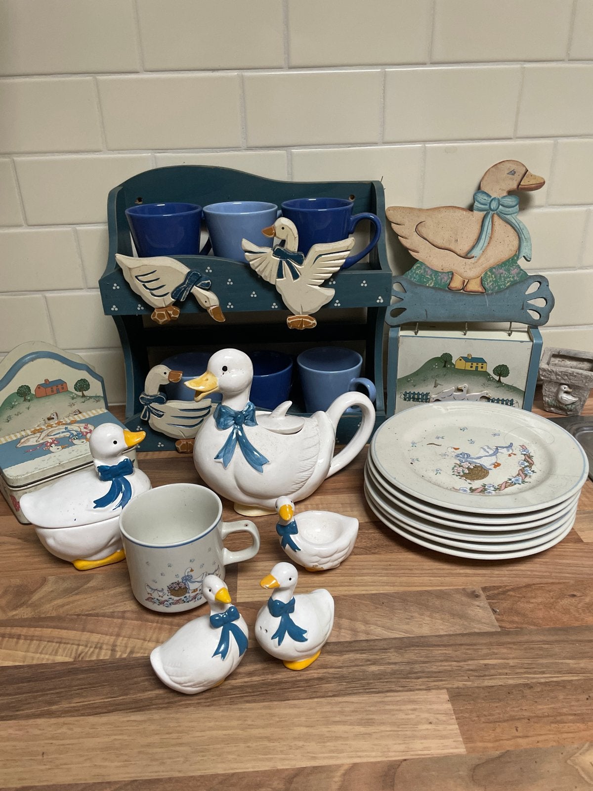 Vintage servies met eendjesmotief, Gebruikt, Keramiek, Vintage, Ophalen of Verzenden