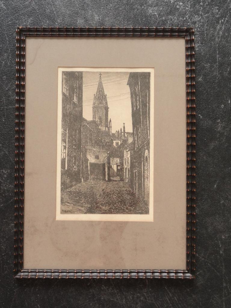 ets Jacobuskerk uit een steeg Den Haag, P. Matthes rond 1930, Antiek en Kunst, Architectuur, Origineel, 1950 - 1999, Verzenden