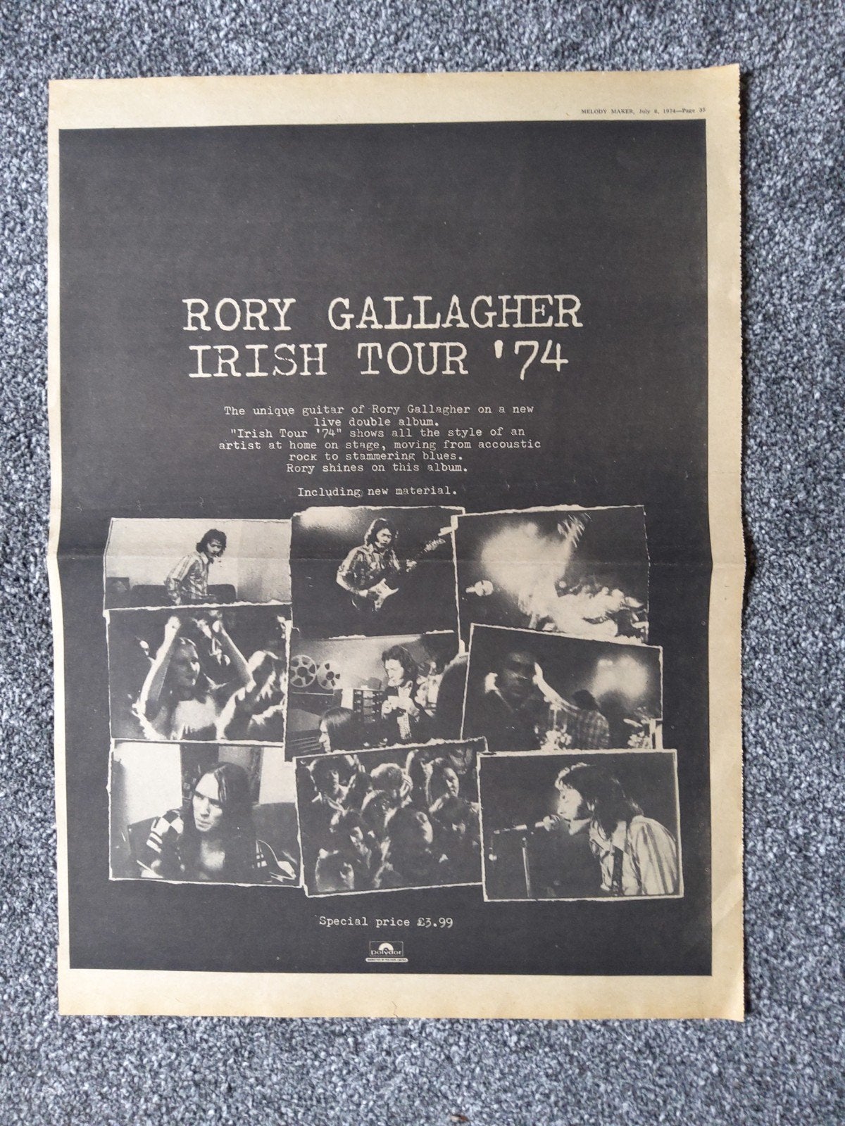 Rory Gallagher: The Irish tour 1974  A3  formaat, Ophalen of Verzenden, Foto of Kaart