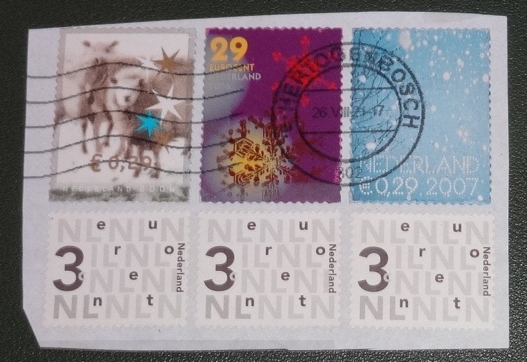 3 x Bijplakzegel 3 en 3 x Decemberzegels - PNe01-14, Postzegels en Munten, Postzegels | Nederland, Verzenden, Na 1940, Gestempeld