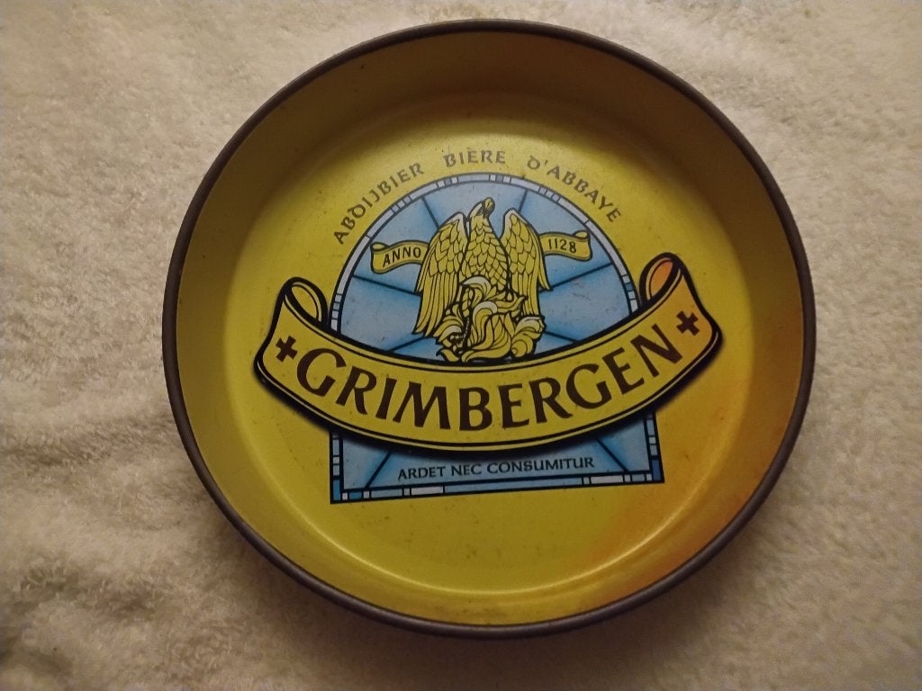 vintage metalen Grimbergen bier- of dienblad, Verzenden, Rond, Metaal