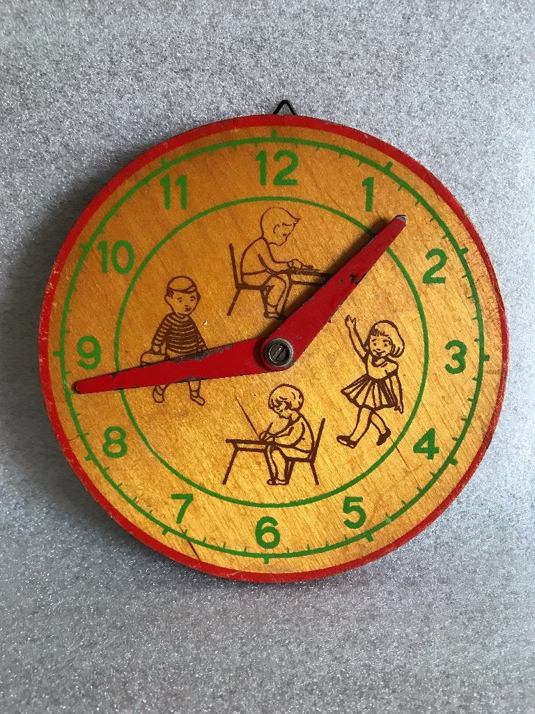 Oude Kinderklok Oefenklok Klok Hout 15 cm, Ophalen of Verzenden, Gebruikt