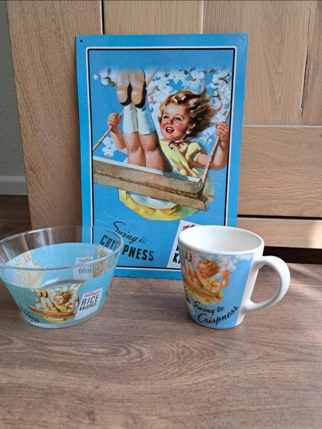 Kellogg's metalen reclamebord mok glazen schaaltje prijs pst, Ophalen of Verzenden, Gebruikt
