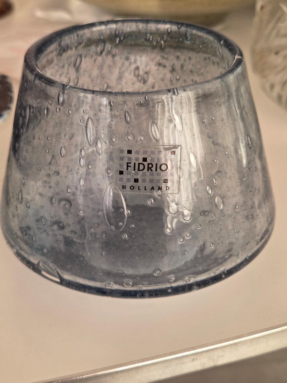 Fidrio Holland Glazen Vaasje / Windlicht met Bubbelstructuur, Ophalen of Verzenden, Met patroon/structuur, Blauw, Glas