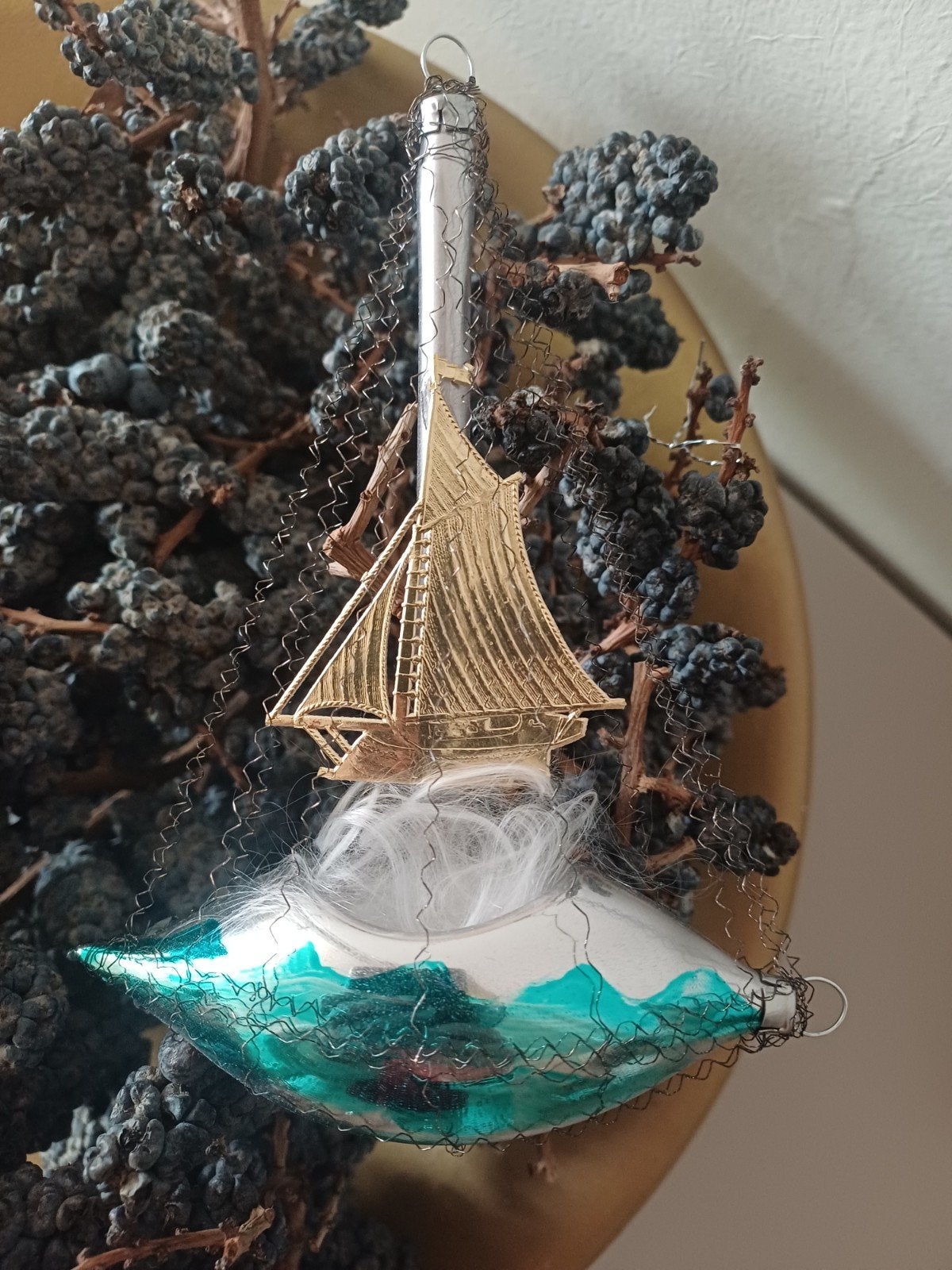 vintage kerstbal van glas schip zeilboot, Diversen, Kerst, Ophalen of Verzenden